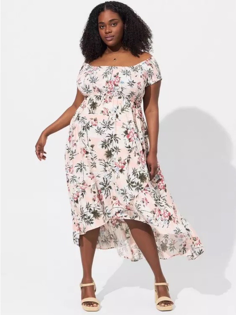 Torrid Maxi Challis Off The Shoulder Tulip Hi-Low Dress Floral Palm Print Pink 4